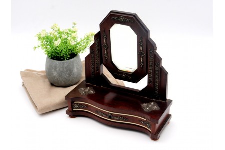 Toucador em pau santo com aplicações em prata, espelho articulado e gaveta